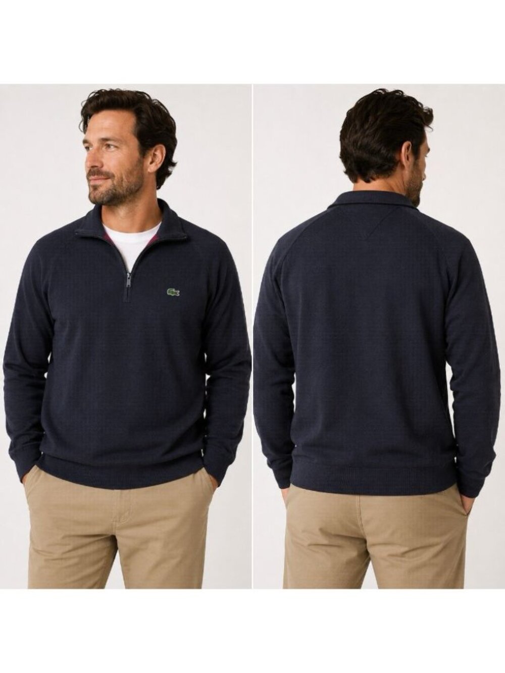 Lacoste Men's Sweater Quarter Zip Pullover Blue Navy, Long Sleeve Size 7 XXL